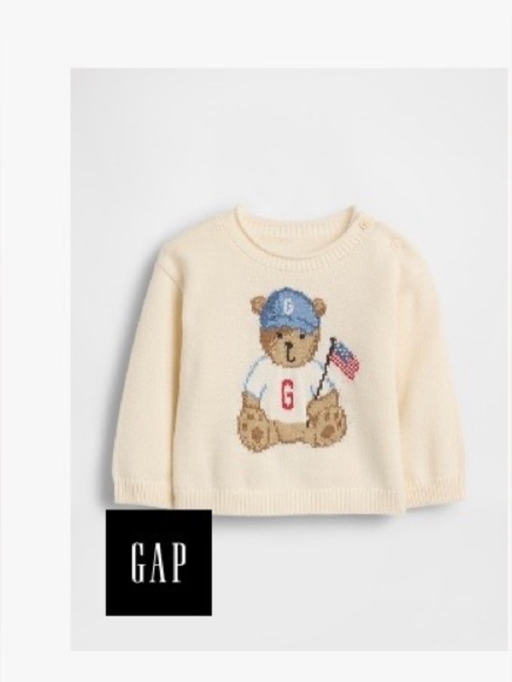 GAP Baby Brennan Bear Americana Cream Teddy Bear Knit Sweater with Flag Accent
